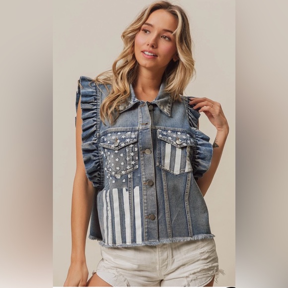 B15. NEW Bibi Denim Vest American Flag W/Ruffle Sleeves Stars & Stripes Graphic - Picture 5 of 8